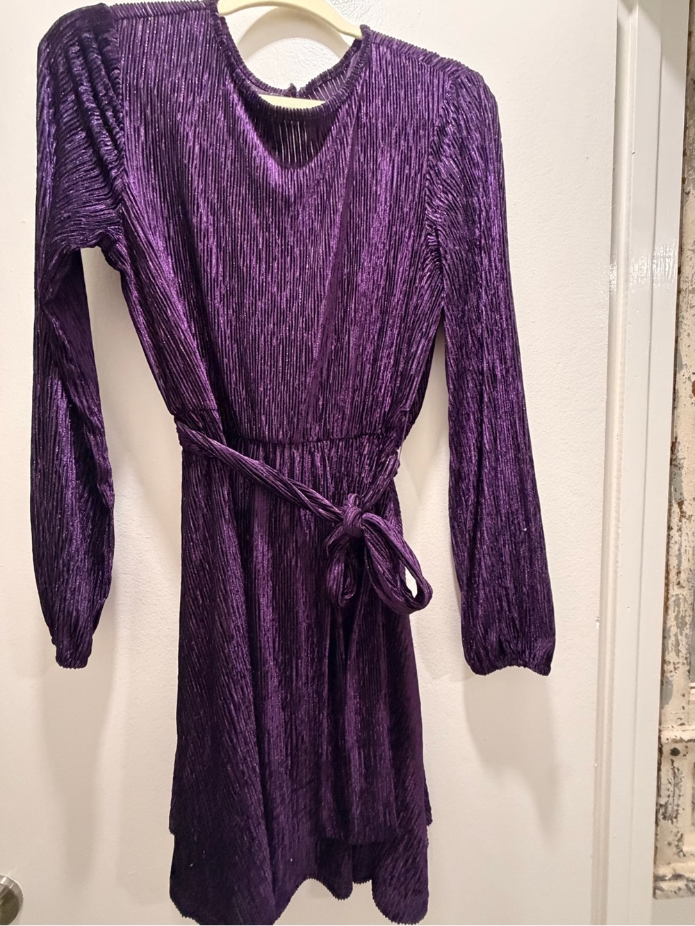 Purple Long-Sleeve Pleated Tie-Waist Dress